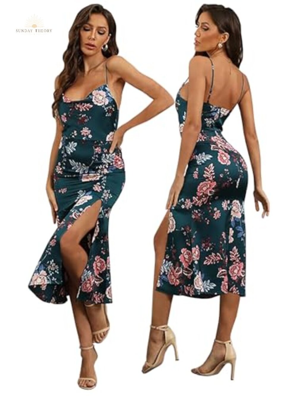Satin Spaghetti Strap Cowl Neck Backless Midi Formal Party Dress